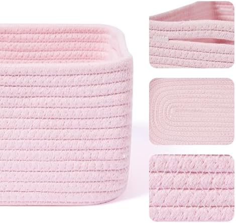 MiniArk Small Storage Baskets for Organizing | Closet Organizer Bins | Shelf Toy Basket | Woven Rope Baskets | Cube Decorative Box | Shallow Basket | 13x8.5x5.1” | 3 Packs Pink - Image 2