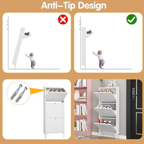 Shoe Cabinet with 3 Flip Drawers, Narrow Shoe Storage Cabinet, Farmhouse Shoe Organizer, Freestanding Organizer with Metal Legs for Entryway, Foyer (White, Narrow 3-Door) - Image 6