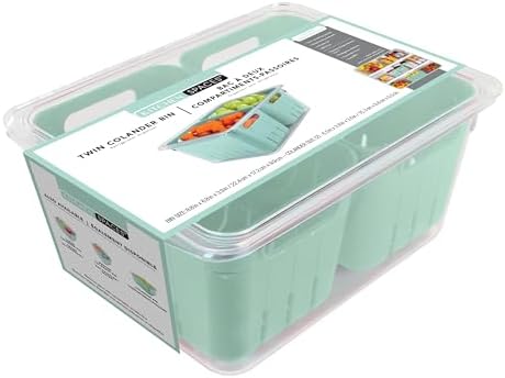 Kitchen Spaces Twin Colander Stackable Food Storage Organizer for Fridge, Freezer, and Pantry, 8.8" x 6.8" x 3.9", Mint by KitchenSpaces