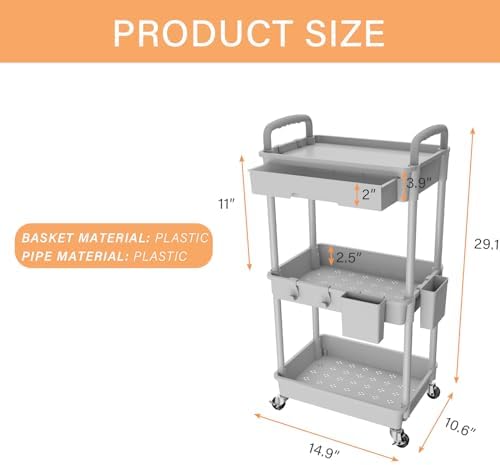 3 Tier Rolling Utility Cart with Drawer,REBECAT Utility Cart Made of Multifunctional Storage Organizer Tool for Kitchen,Bathroom,Living Room,Office(Gray) - Image 5