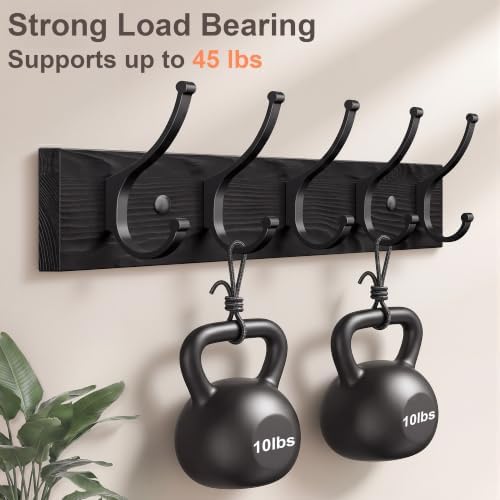 Optish 1 Pack Wooden Black Coat Rack Wall Mount, 16.1" Rustic Coat Hanger Hooks with 10 Double Hooks, Wall Coat Rack for Hat, Clothes, Bags, Jacket - Image 3