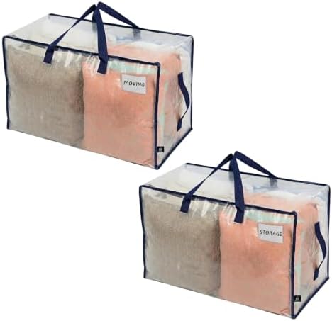 VENO 2 Pack Clear Extra Large Moving Bags & Storage Totes, Heavy Duty Organizer with Reinforced Handles & Strong Zippers for Clothes, College Dorm Essentials, Moving Supplies by Veno