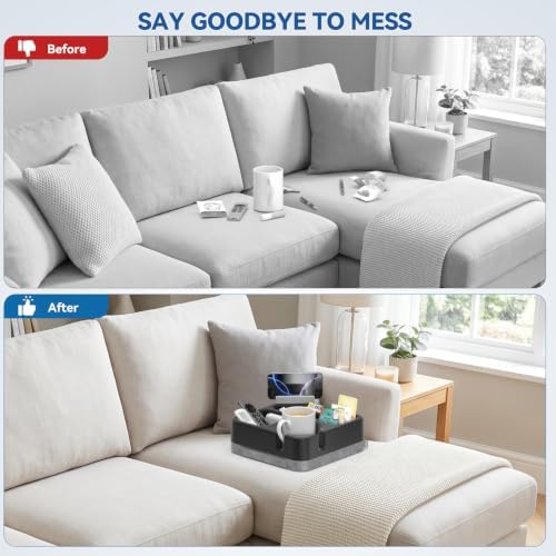 Couch Cup Holder Tray Couch Cup Holder Pillow Soft Sofa Caddy Drink Holder with 3 Compartments &Removable 360°Swivel Phone Stand, Portable Bed Snack Caddy Pillow with Handle for Tablet Controller Grey - Image 4