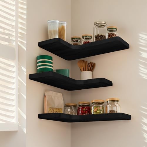 Floating Corner Shelves Set of 3, Solid Wood Picture Wall Shelf, Floating Shelves for Storage for Bedroom Kitchen Bathroom Living Room (Black) - Image 4