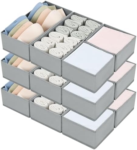 DIMJ Drawer Organizers for Clothing, Set of 12 Dresser Drawer Organizers, Fabric Closet Organizers and Storage, Drawer Dividers for Baby Clothes, Socks, Belt, Tie (Grey) by DiMJ