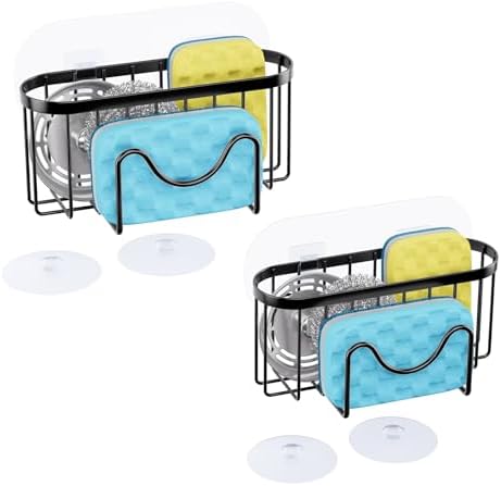 HapiRm Multifunctional Sponge Holder with Unique M-shaped, Two Installation Methods Kitchen Sink Organizer, Rustproof Stainless Steel Sink Caddy -Black（2-pack） by HapiRm