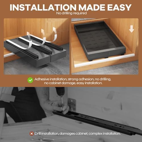 Seinloes 2 Pack Expandable (9"-14") Pull Out Cabinet Organizer 21" Deep With Raising Pad for Framed Cabinets,Upgrade 3 Slide Rails Slide Out Drawers,No Drill Roll Out Shelves Adhesive,Black - Image 6