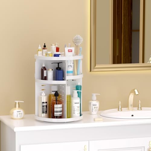 Makeup Organizer 360 rotating, Adjustable Skincare Organizers with Brush Holder, Cosmetics Display Cases for Vanity Bathroom Countertop Large Capacity Carousel Make up Caddy Shelf (White) - Image 5