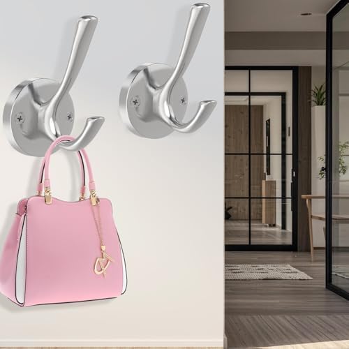 TOFIIGREM Brushed Nickel Wall Hooks, 6 Pack Coat Robe Hook Heavy Duty Metal Double Bath Hook Wall Mounted, Hand Towel Hooks for Cubicle Bathroom Kitchen Closet Garage - Image 6
