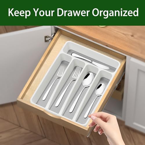 Loyareal Silverware Organizer 2 Pieces Utenisl Organizer Holder Kitchen Drawer Organizer Plastic Silverware Tray for Drawer Flatware Organizer 5 Compartment White - Image 2