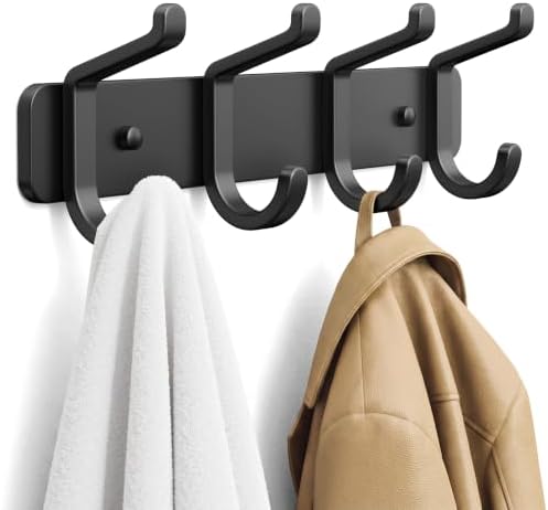 Heavy Duty Coat Rack Wall Mounted, Metal Wall Hook Rack with 4 Double Hooks for Coats, Hats, Jackets, Robes, Towels, Keys, Backpacks and Purses, Entryway, Closet, Mudroom, Bathroom (Black, 2 Pack) - Image 3