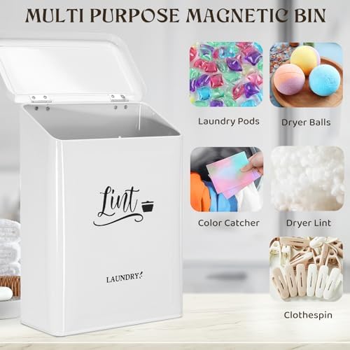 Magnetic Lint Bin for Laundry Room with Brush & Hook - Large Laundry Organizer and Storage, Wall Mounted Trash Can with Lid, Space-Saving Dryer Lint Holder Laundry Room Decor, White - Image 2