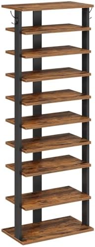 HOOBRO 10 Tiers Vertical Shoe Rack, Wooden Shoe Storage Organizer with Hooks, Narrow Shoe Tower for 20 Pairs, Space Saving, for Entryway, Living Room, Bedroom, Rustic Brown FG140XJ01 by HOOBRO