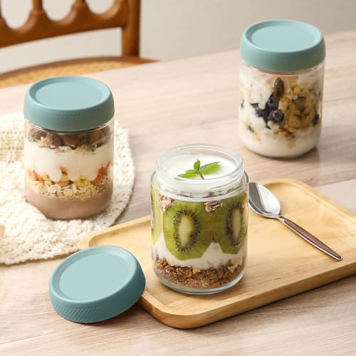 NETANY 6-pack 16oz Glass jars with Airtight Lids, Overnight Oats Containers with Lids, Wide mouth Mason Salad jars, Glass Food Storage Containers for Snacks Yogurt Spice Sugar - Green - Image 6