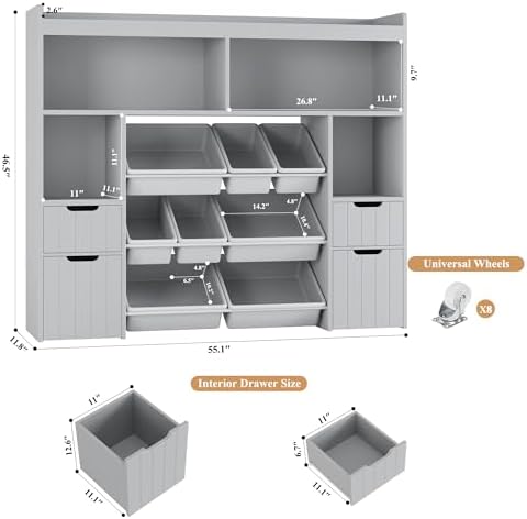 HORSTORS 55" W Toy Storage Organizer, Large Kids Bookshelf, Toy Box, Grey - Image 3