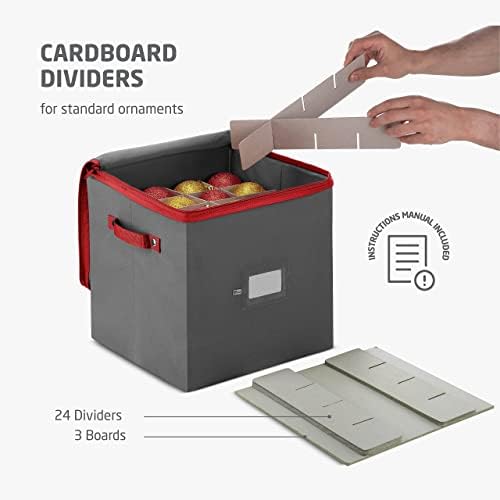 ZOBER Christmas Ornament Storage Box - Stores 64 3" Ornaments, With Dividers - Ornament Organizer Storage Box, Durable Christmas Containers Holder, Dual Zipper - Gray - Image 4