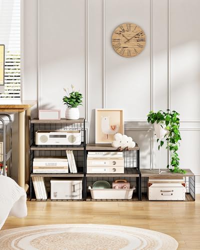 CHOEZON 3-Tier Closet Organizers and Storage, Stackable Storage Bin Baskets with Wooden Upper Surface, Closet Shelves Clothes Storage Cubes for Wardrobe and Closet Organization, Greige and Black - Image 5