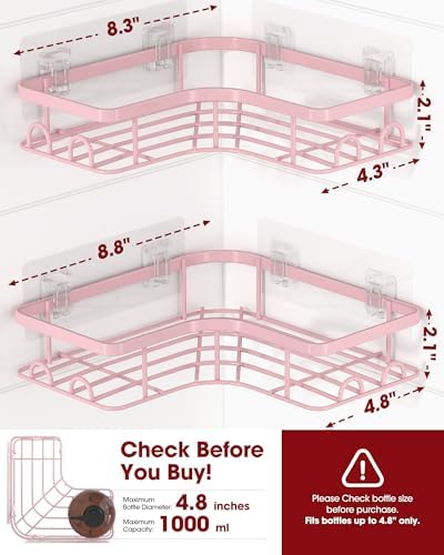 Sakugi Corner Shower Caddy - 2 Pack, Adhesive Shower Organizers, Rustproof Stainless Steel Shower Shelves with 8 Hooks, No Drilling Bathroom Organizers and Storage Racks, Space-Saving, Pink, Large - Image 2