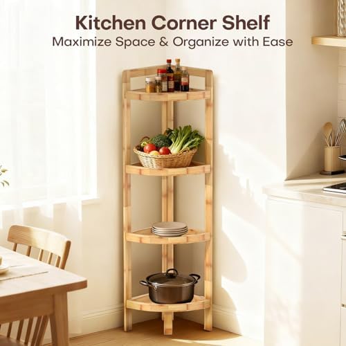 2026 New Bamboo Standing Shelf, 4 Tier Corner Shelf Stand, Free-Standing Shelf Units, Triangular Curved Corner Shelf Stand for Space-Saving Display Ideal for Bathroom/Kitchen/Living Room Storage - Image 7