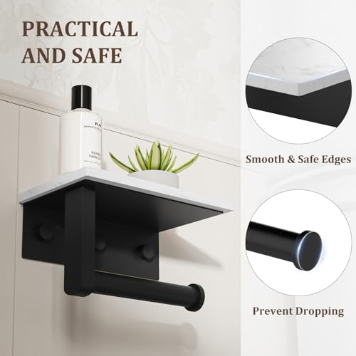 BWE Matte Black Toilet Paper Holder with Marble Shelf Wall Mounted - Image 5