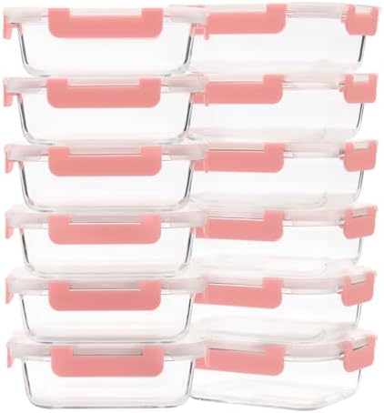GULFLIN 12-Pack, 22oz Glass Meal Prep Containers with Lids, Pink Set by GULFLIN