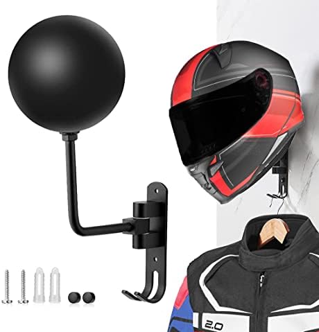 SANGMO 180°Motorcycle Helmet Rack, Rotation Metal Helmet Holder Wall Mounted Helmet Rack Motorcycle with 2 Hooks Helmet Hanger for Motorcycle Bike Coats, Caps, Baseballs, Rugby Helmet (1 pcs) by SANGMO
