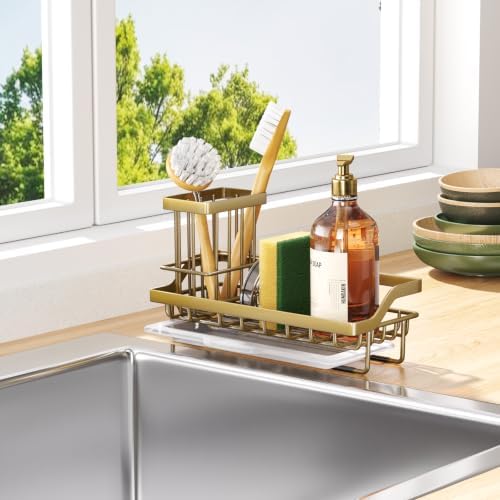 Consumest Sponge Holder for Kitchen Sink - Sink Caddy with Dish Brush Holder, Stainless Steel Kitchen Organizer with Drip Tray for Countertop, Darker Gold - Image 6