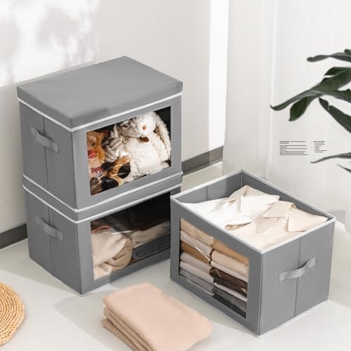 Homsorout Storage Bins, Storage Baskets for Shelves with Window, Fabric Storage Bins with Handle, Foldable Storage Cubes Boxes for Organizing for Clothes, Towels, Books, 3 Pack, Grey - Image 3