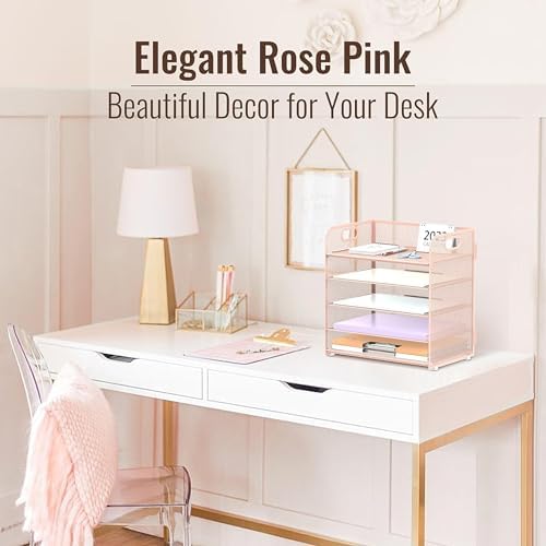 SUPEASY 2 Pack 5-Tier Pink Desk Organizer with Handle Mesh Desk File/Paper Organizer Letter Tray for Office, School and Home Easy Installation, Rosepink - Image 2