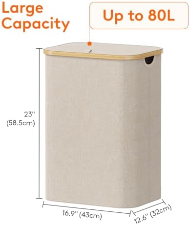 Lifewit 80L Large Laundry Basket with Lid, Removable Bags, Beige - Image 4