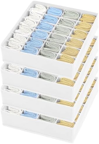 Sock Organizer 4 Pack, 24 Cell Foldable Underwear & Sock Storage, Drawer Organizer for Ties, Belts. (White) by EasortmPackingCubes