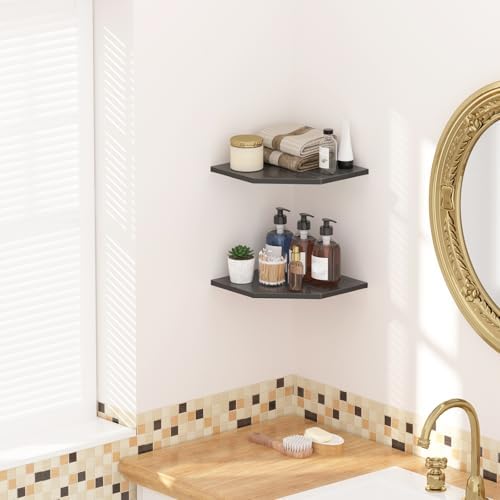 JJL Corner Shelves, 12 Inch Corner Shelf Wall Mounted with Wire Hole, 4 Tier 13.3 Inch Deep Wooden Corner Hanging Shelving for Wall Storage, for Speaker, Cable Box, Black - Image 5