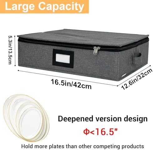homyfort Platter Storage Case - Stackable China Storage Containers Hard Shell with Durable Zipper & Label & Sturdy Handles, 5.3” Height, Structured Top, 4 Felt Dividers Included (Dark Gray) - Image 3