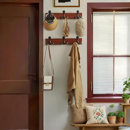 WEBI Coat Rack Wall Mount,17" Solid Wood Coat Hooks Wall Mounted Coat Hanger,16" Hole to Hole,Heavy Duty Hook Rack Rail,3 Triple Hooks for Hanging Coats,Jacket,Clothes,Hat,Backpack,Cherry - Image 2