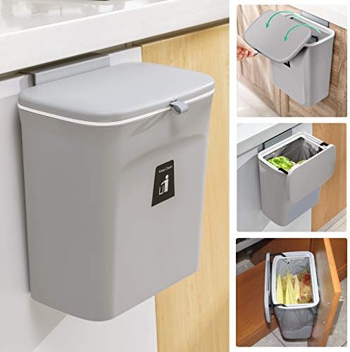 Tiyafuro 2.4 Gallon Kitchen Compost Bin for Counter Top or Under Sink, Hanging Small Trash Can with Lid for Cupboard/Bathroom/Bedroom/Office/Camping, Mountable Indoor Compost Bucket, Gray by Tiyafuro