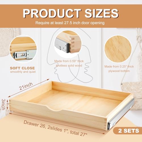 Menkxi 2 Set Wooden Pull out Cabinet Organizer Fully Assembled Slide out Pantry Drawer with Gentle Close Storage Shelf Tray for Base Kitchen Under Sink Bathroom Accessory(Wood Color,27'' X 21'' X 3") - Image 3