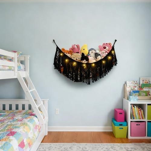 Stuffed Animal Hammock or Net With LED Lights Extra Large Wall Hanging Stuffed Animal Storage Nets for Teddy Bear Handmade Macrame Hanging Toy Net Hammock for Stuffed Animal Storage (Black) - Image 5