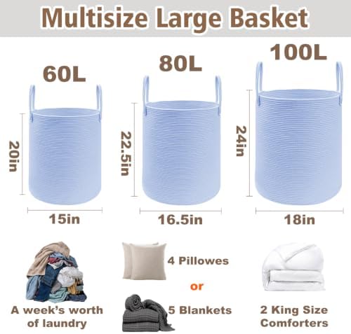 JMvicyroam 80L Cotton Rope Laundry Basket Hamper, Blue - Image 2