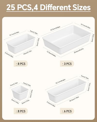 KEMETHY 25 PCS Plastic Drawer Organizers Set, 4 Sizes Vanity Organizer, Makeup and Desk Drawer Organizer Trays, Organization and Storage for Makeup, Bathroom, Kitchen Utensils and Office (White) - Image 2