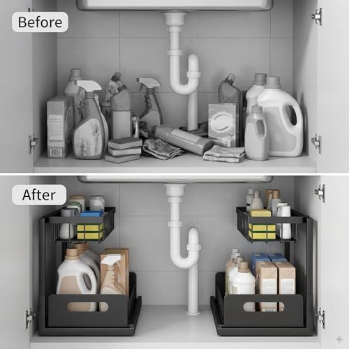Under-Sink Storage Organizer (2-Pack) — Double-Tier Pull-Out Cabinet Organizer with Sliding Drawers ，Heavy-Duty & Versatile Storage Rack for Kitchen, Bathroom, and Pantry，Black - Image 4