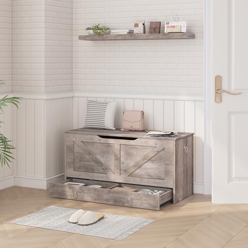 HOOBRO Storage Chest, 39.3" Toy Chest with Drawer, Wooden Storage Bench, Sturdy Entryway Bench Supports 330 lb, Safety Hinge, U-Shaped Opening, Easy Assembly, Greige BG710CW01G2 - Image 2