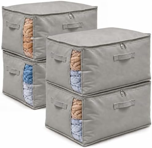 4 Pack Canvas Comforter Storage Bags for Clothes & King Comforters, Grey by Vailando