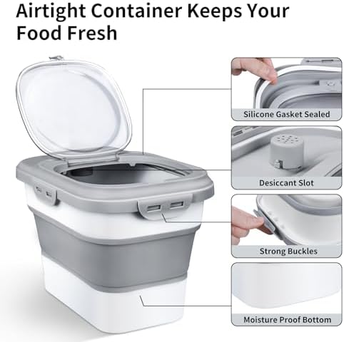Komzon Rice Storage Container, Collapsible Airtight Food Storage Containers 6-20 Lbs, Rice Dispenser with Measuring Cup and Small Bin for Flour Cereal Pasta Grain, Cat Pet Dog Bird Food Container - Image 4