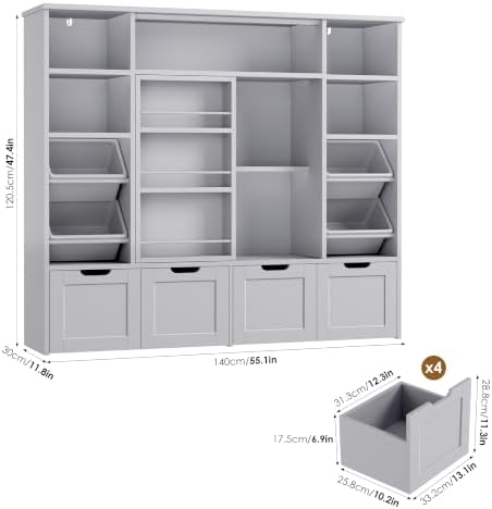 FINETONES Toy Storage with Sliding Bookshelf, Toy Organizer with 4 Bins - Image 2