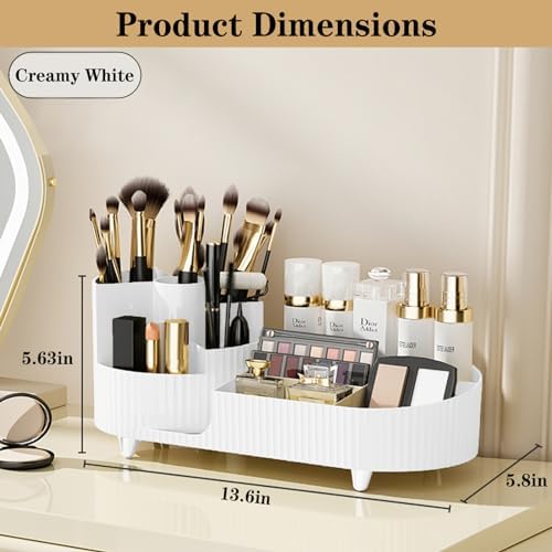 Rotating Vanity Organizer with Brush Holder, Large Spinning Makeup Skincare & Cosmetic Organizer, Countertop Perfume & Lotions Display Case (White) - Image 3