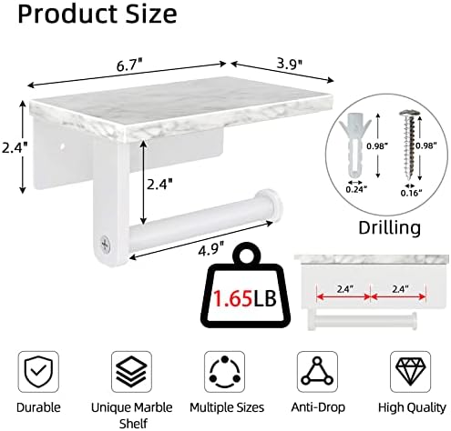 Gypie Toilet Paper Holder with Marble Shelf, Wall Mounted White - Image 4
