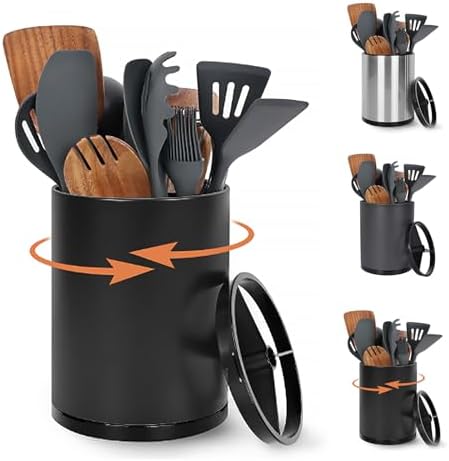 Nigelia Extra Large Kitchen Utensil Holder, 360° Rotating Stainless Steel Cooking Utensil Holder for Countertop, 3 Compartment Flatware Organizer & Cooking Caddy with Removable Base（Black） by Nigelia