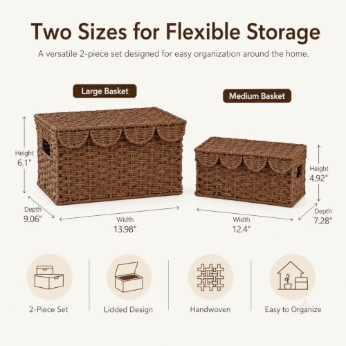 Set of 2 Scalloped Baskets, Paper Rope Wicker Baskets with Lids, Coffee - Image 3
