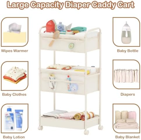 Baby Diaper Caddy, Premium Metal& Felt Movable Cart with Dividers for Newborn Nursery Essentials, Large Capacity Rolling Diaper Storage Caddy Organizer for Changing Table &Crib, Easy Assembly - Image 4