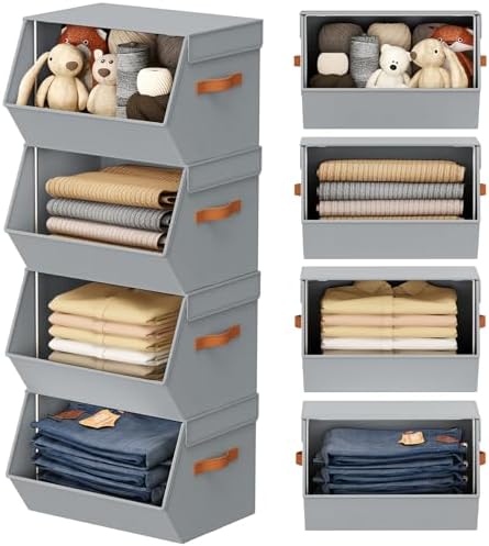 Stackable Closet Organizers and Storage Bins, Open Front Closet Shelf Organizer System With Steel Frame, Clothes Storage Basket Fabric, Collapsible Closet Drawers for Wardrobe, Nursery ,Toy, 4 Pack by DiMJ